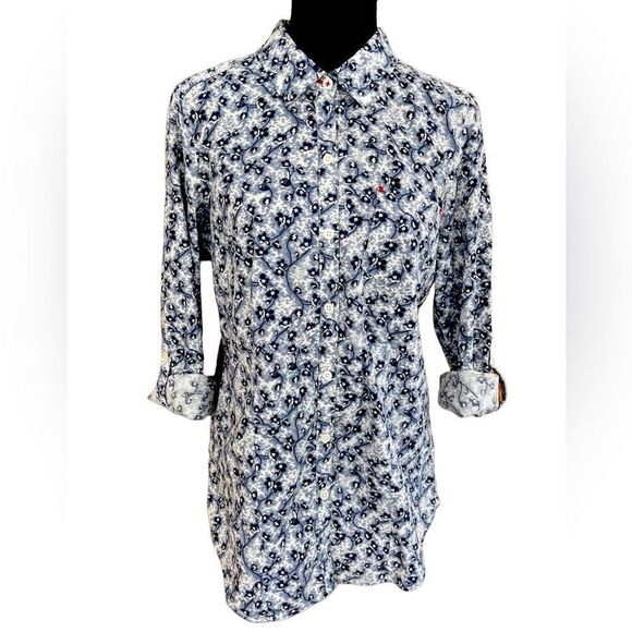 J Jill tab sleeved button front blue floral top, 100% cotton, size S - Picture 5 of 8
